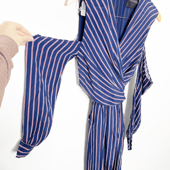 NICHOLAS Pinstripe Wrap Dress Navy Blue Midi silk cold shoulder women's 2 - Picture 4 of 5